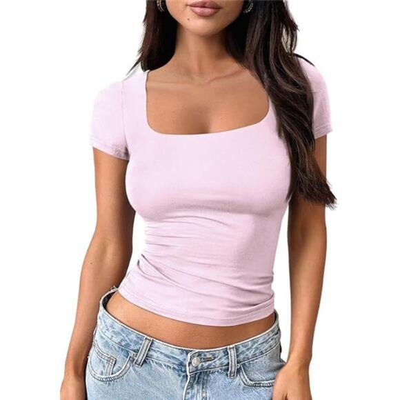 Tops - Short Sleeve T Shirts Square Neck Crop Tops for Women